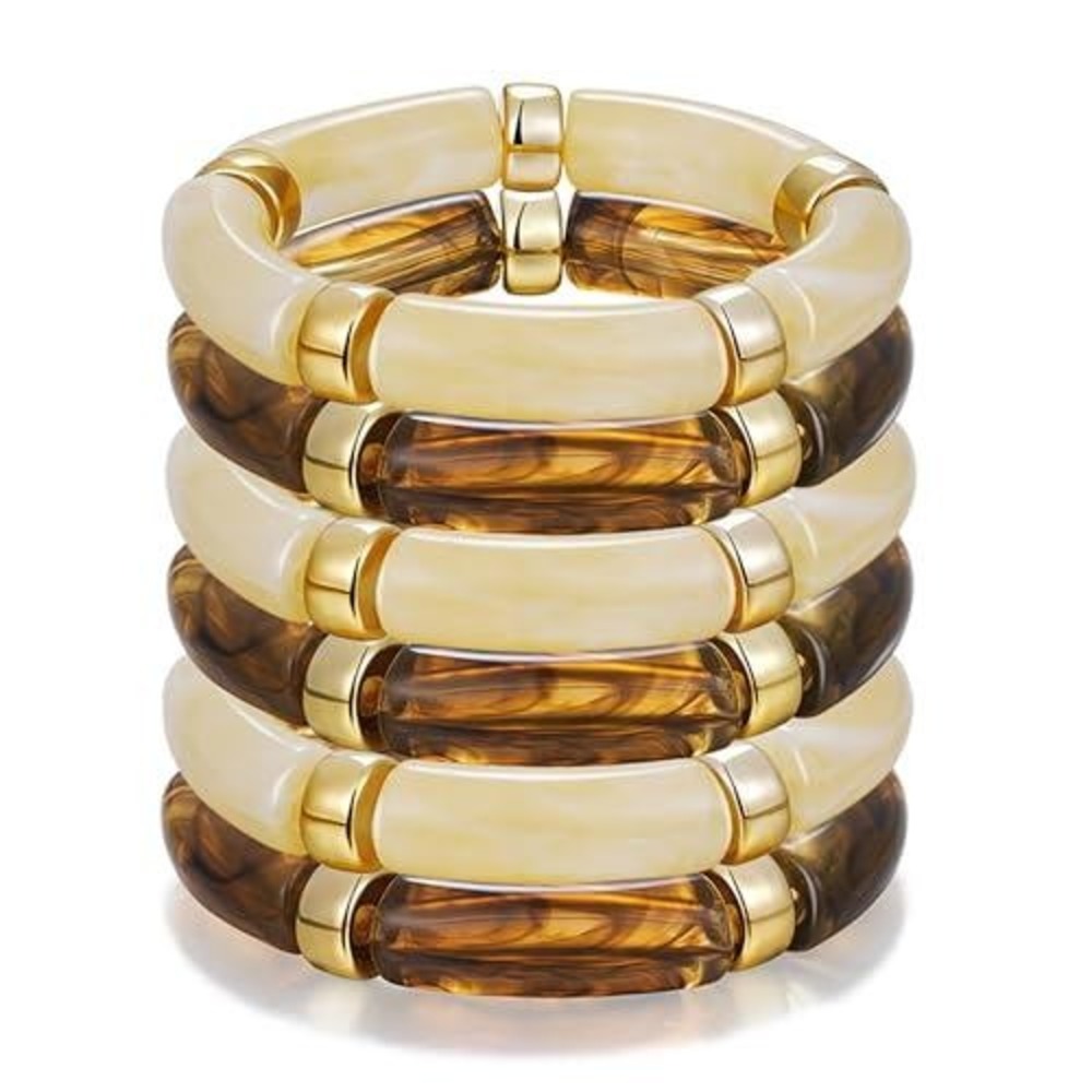 5pc Bamboo Stretch Bracelet Set Cream Tortoiseshell Gold Tone Resin Stackable